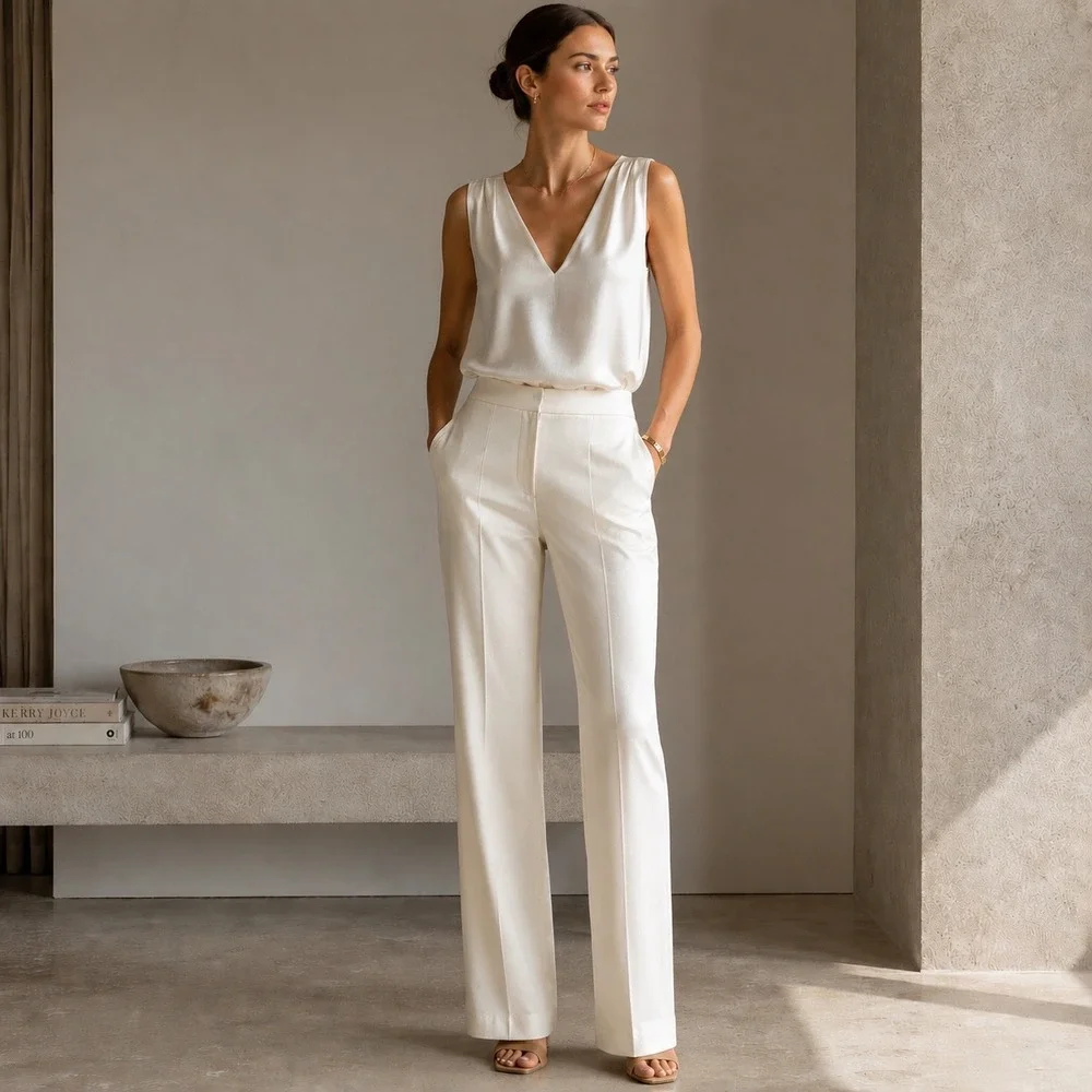 Vtg 90s Neiman Marcus Silk Pants Womens XL Ivory Wide Leg Quiet Luxury Bridal - Picture 2 of 10